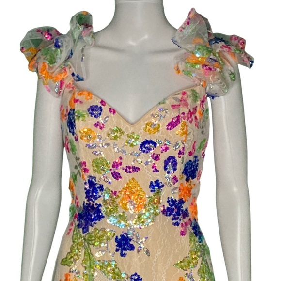 NWT Mac Duggal 68068 White Multi Embellished Ruffle Sleeve Gown - Sz 8 - Picture 4 of 11